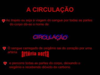 A CIRCULAÇÃO Ao trajeto ou seja à viagem do sangue por todas as partes do corpo dá-se o nome de  CIRCULAÇÃO O sangue carregado de oxigênio sai do coração por uma artéria artéria aorta e percorre todas as partes do corpo, deixando o oxigênio e recebendo dióxido de carbono . 