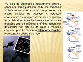 O   ciclo de expansão e relaxamento arterial,
conhecido como pulsação, pode ser percebido
facilmente na artéria radial do pulso ou na
artéria carótida do pescoço. A pulsação
corresponde às variações de pressão sangüínea
na artéria durante os batimentos cardíacos. As
pressões arteriais máxima e mínima podem ser
detectadas nas artérias do braço e medidas
com um aparelho chamado Esfigmomanômetro,
representado abaixo e ao lado.
 