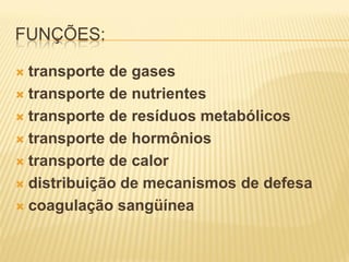 FUNÇÕES:

 transporte de gases
 transporte de nutrientes

 transporte de resíduos metabólicos

 transporte de hormônios

 transporte de calor

 distribuição de mecanismos de defesa

 coagulação sangüínea
 