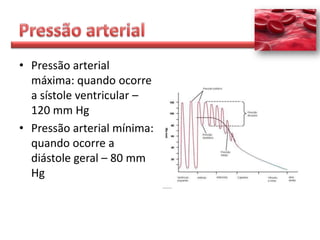 • Pressão arterial
  máxima: quando ocorre
  a sístole ventricular –
  120 mm Hg
• Pressão arterial mínima:
  quando ocorre a
  diástole geral – 80 mm
  Hg
 