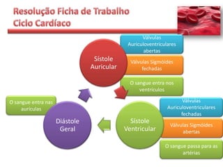 Válvulas
                                             Auriculoventriculares
                                                    abertas
                                 Sístole      Válvulas Sigmóides
                                Auricular          fechadas

                                              O sangue entra nos
                                                  ventrículos

O sangue entra nas                                                   Válvulas
     aurículas                                                Auriculoventriculares
                                                                    fechadas
                     Diástole                 Sístole
                                                               Válvulas Sigmóides
                      Geral                 Ventricular             abertas

                                                             O sangue passa para as
                                                                    artérias
 