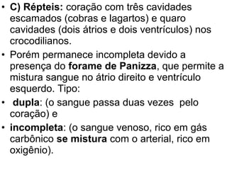 • C) Répteis: coração com três cavidades
  escamados (cobras e lagartos) e quaro
  cavidades (dois átrios e dois ventrículos) nos
  crocodilianos.
• Porém permanece incompleta devido a
  presença do forame de Panizza, que permite a
  mistura sangue no átrio direito e ventrículo
  esquerdo. Tipo:
• dupla: (o sangue passa duas vezes pelo
  coração) e
• incompleta: (o sangue venoso, rico em gás
  carbônico se mistura com o arterial, rico em
  oxigênio).
 