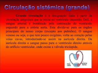Grande circulação é a designação dada à parte da
circulação sanguínea que se inicia no ventrículo esquerdo. Dali, o
sangue arterial é bombeado pela contracção do ventrículo
esquerdo para a artéria aorta. Esta divide-se para os órgãos
principais do nosso corpo (excepto aos pulmões). O sangue
venoso ou seja, o que tem pouco oxigénio, volta ao coração pelas
veias cavas, introduzindo-se assim na aurícula direita. Da
aurícula direita o sangue passa para o ventrículo direito através
do orifício ventricular, onde existe a válvula tricúspide.
 