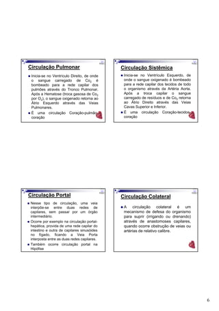 6
Circulação Pulmonar
Inicia-se no Ventrículo Direito, de onde
o sangue carregado de Co2 é
bombeado para a rede capilar dos
pulmões através do Tronco Pulmonar.
Após a Hematose (troca gasosa de Co2
por O2), o sangue oxigenado retorna ao
Átrio Esquerdo através das Veias
Pulmonares.
É uma circulação Coração-pulmão-
coração
Circulação Sistêmica
Inicia-se no Ventrículo Esquerdo, de
onde o sangue oxigenado é bombeado
para a rede capilar dos tecidos de todo
o organismo através da Artéria Aorta.
Após a troca capilar o sangue
carregado de resíduos e de Co2 retorna
ao Átrio Direito através das Veias
Cavas Superior e Inferior.
É uma circulação Coração-tecidos-
coração
Circulação Portal
Nesse tipo de circulação, uma veia
interpõe-se entre duas redes de
capilares, sem passar por um órgão
intermediário.
Ocorre por exemplo na circulação portal-
hepática, provida de uma rede capilar do
intestino e outra de capilares sinusóides
no fígado, ficando a Veia Porta
interposta entre as duas redes capilares.
Também ocorre circulação portal na
Hipófise
Circulação Colateral
A circulação colateral é um
mecanismo de defesa do organismo
para suprir (irrigando ou drenando)
através de anastomoses capilares,
quando ocorre obstrução de veias ou
artérias de relativo calibre.
 