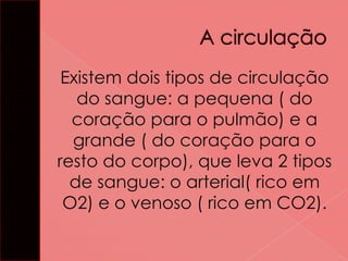 Existem dois tipos de circulação
do sangue: a pequena ( do
coração para o pulmão) e a
grande ( do coração para o
resto do corpo), que leva 2 tipos
de sangue: o arterial( rico em
O2) e o venoso ( rico em CO2).

 
