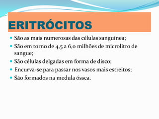 ERITRÓCITOS
 São as mais numerosas das células sanguínea;
 São em torno de 4,5 a 6,0 milhões de microlitro de
sangue;
 São células delgadas em forma de disco;
 Encurva-se para passar nos vasos mais estreitos;
 São formados na medula óssea.
 