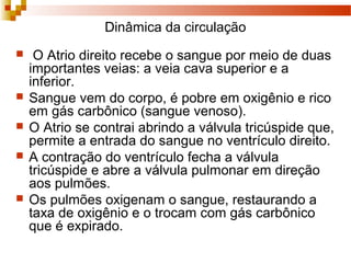 Dinâmica da circulação
 O Atrio direito recebe o sangue por meio de duas
importantes veias: a veia cava superior e a
inferior.
 Sangue vem do corpo, é pobre em oxigênio e rico
em gás carbônico (sangue venoso).
 O Atrio se contrai abrindo a válvula tricúspide que,
permite a entrada do sangue no ventrículo direito.
 A contração do ventrículo fecha a válvula
tricúspide e abre a válvula pulmonar em direção
aos pulmões.
 Os pulmões oxigenam o sangue, restaurando a
taxa de oxigênio e o trocam com gás carbônico
que é expirado.
 