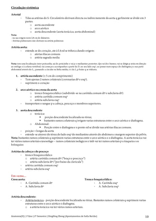 Anatomia(II)+|+1ºAno+|+2º+Semestre+|+DingDing+Zheng+(Apontamentos+de+Sofia+Bertão)+ 10+
Circulação sistémica
Arterial
D Tdas as artérias do S. Circulatório derivam directa ou indirectamente da aorta q gerlmente se dvide em 3
partes:
o aorta ascendente
o arco aórtico
o aorta descendente (aorta torácica; aorta abdominal)
Nota:
- na sua origem teem 2,8 cm de diâmetro.
- Artérias pulmonares não derivam na artéria pulmonar.
Artéria aorta:
D estende.se do coração, ate à L4 od se trifurca dando origem:
o aterias ilíacas comuns
o artéria sagrada media
Nota: tem uma localização inter-pericardia, sai do pericárdio e vai p o mediastino posterior, dps vai dos 3ramos, vai-se dirigir p atrás em direção
ao esófago e à coluna vertebral, vai começar a acompanhar a partir da D3 no seu lado esqº, ao passar num espaço do diafragma p a sua parte
abdominal através do L4, passando a circular na linha média, e é da L4 p baixo q se tridurea.
1. artéria ascendente (± 5 cm de comprimento)
D Tem apenas 2 ramos colaterais (coronarias dtª e esqª).
D suprimem o coração
2. arco aórtico ou crossa da aorta
o tronco braquiocefalico (subdivide-se na carótida comum dtª e subclavia dtª)
o artéria carótida comum esqª
o artéria subclavia esqª
D transportam o sangue p a cabeça, pescoço e membros superiores.
3. aorta descendente
o torácica:
" porção descendente localizada no tórax;
" bastantes ramos colaterais q irrigam varias estruturas entre o arco aórtico e diafragma.
o Abdominal:
" Porção entre o diafragma e o ponto od se divide nas artérias ilíacas comuns.
D porção + longas da aorta
D estende-se atravez do tórax do lado esqª do mediastino através do abdómen e margem superior da pélvis.
Nota: bastantes ramos colaterais q suprimem varias estruturas entre o arco aórtico e o diafragma. A aorta torácica vai
ter vários ramos arteriais exoesofago – ramos colaterais isofagicos e tmb vai ter ramos arteriais p a traqueia e os
brônquios
Artérias da cabeça e do pescoço
D tronco braquiocefalico
o artéria carótida comum dtª (“braço e poecoço”)
o artéria subclavia dtª (“por baixo da clavícula”)
D artéria carótida comum esqª
D artéria subclavia esqª
Em suma...
Cross aorta:
D A. Carótida comum dtª
D A. Subclavia dtª
Tronco braquicefálico:
D A. Carótida esqª
D A. Subclavia esqª
Artéria descendente:
D Artéria torácica - porção descendente localizada no tórax. Bastantes ramos colaterais q suprimem varias
estruturas entre o arco aórtico e diafragma.
o a artéria torácica vai ter vários ramos arteriais.
 