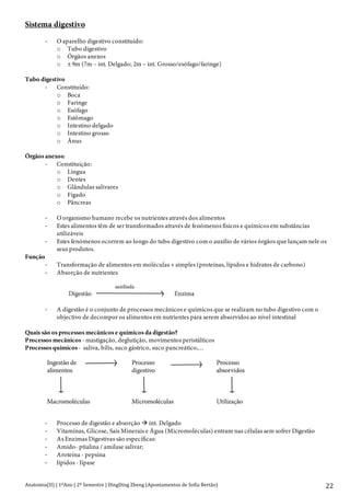Anatomia(II)+|+1ºAno+|+2º+Semestre+|+DingDing+Zheng+(Apontamentos+de+Sofia+Bertão)+
+
22+
Sistema digestivo
> O aparelho digestivo constituído:
o Tubo digestivo
o Órgãos anexos
o ± 9m (7m – int. Delgado; 2m – int. Grosso/esófago/faringe)
Tubo digestivo
> Constituído:
o Boca
o Faringe
o Esófago
o Estômago
o Intestino delgado
o Intestino grosso
o Ânus
Órgãos anexos:
> Constituição:
o Língua
o Dentes
o Glândulas salivares
o Fígado
o Pâncreas
> O organismo humano recebe os nutrientes através dos alimentos
> Estes alimentos têm de ser transformados através de fenómenos físicos e químicos em substâncias
utilizáveis
> Estes fenómenos ocorrem ao longo do tubo digestivo com o auxílio de vários órgãos que lançam nele os
seus produtos.
Função
> Transformação de alimentos em moléculas + simples (proteínas, lípidos e hidratos de carbono)
> Absorção de nutrientes
> A digestão é o conjunto de processos mecânicos e químicos que se realizam no tubo digestivo com o
objectivo de decompor os alimentos em nutrientes para serem absorvidos ao nível intestinal
Quais são os processos mecânicos e químicos da digestão?
Processos mecânicos - mastigação, deglutição, movimentos peristálticos
Processos químicos - saliva, bílis, suco gástrico, suco pancreático,...
> Processo de digestão e absorção " int. Delgado
> Vitaminas, Glicose, Sais Minerais e Água (Micromoléculas) entram nas células sem sofrer Digestão
> As Enzimas Digestivas são específicas:
> Amido- ptialina / amilase salivar;
> Aroteína - pepsina
> lípidos - lípase
 