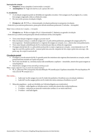 Anatomia(II)+|+1ºAno+|+2º+Semestre+|+DingDing+Zheng+(Apontamentos+de+Sofia+Bertão)+ 6+
Inervação do coração
• Simpática: tronco simpático (enerva todo o coração)
• arassimpático: N. Vago (só enerva a a.d. e pouco do v.d.)
S. circulatório
• A circulação sanguínea pode ser dividida em 2 grandes circuitos: 1 leva sangue aos P, p oxigena-lo, e outra
leva sangue oxigenado a tdas as células do corpo.
• Por isso se diz q nossa circulação é dupla.
• O trajecto: v.d. ! P ! a.e. é denominado circulação pulmonar ou pequena circulação.
- Antes de ir p as arteiras pulmonares, passa pela válvula semilunar pulmonar (3 valvulas – tricúspide)
Nota: Todas as válvulas têm 3 cúspides, - o bicúspides
• O trajecto: v.e. ! tdos os órgãos ! a.d. é denominado C. Sistémica ou grande circulação
- Antes de ir p a artéria aorta passa pela válvula semilunar aórtica (tricúspide)
• Tem como função oxigenar o sangue, q ocorre nos P.
• Esta circulação começa c a saída do sangue do v.d. pela artéria pulmonar, passagem do sangue pelos P (c
trocas gasosas – hematose pulmonar) e o regresso do sangue ao coração, à a.e., atravez das veias pulmonares.
• Tem como função a distribuição de O2 e nutrientes por tdas as células do organismo
• O sangue arterial são do v.e. pela artéria aorta p tdo o corpo e regressa ao coração, concretamente à a.d. !
(agr rico em CO2 e pobre em O2– venoso) pela veia cava inf., da parte inf. do corpo e pela veia cava sup., (da
parte sup. do corpo) à aurícula dtª.
Circulação portal
• O sangue q circula através do Rt, E e grande parte dos intestinos não regressa directamente ao coração, sendo
primariamente enviado ao F pela veia porta
• No F esta veia divide-se, e termina numa rede semelhante a capilares – sinusóides, através dos quais surgem as
veias hepáticas
• Esta levam o sangue à veia cava inf q o envia p a a.d.
Nota: o sangue oxigenado vai p o F através das artérias hepáticas.
• Rt , E , pâncreas ! F (veia porta ) há uma filtração ! (ramificação) Capilares sinusóides ! veias hepáticas !
veia cava inf ! coração (a.e.)
Em suma...
o Lado esqº recebe sangue rico em O2 vindo dos pulmões e bombeia o p a circulação sistémica
o Lado drtº recebe sangue pobre em O2 vindo dos vários sistemas e bombeia-o p os P
• Músculos papilares – pode ser dividido em 3 divisões(ligados aos ventrículos):
o 1ª ordem – estão ligados as válvulas aurico-ventriculo através das cordas tendinosas
o 2ª ordem – está preso ao musculo ventricular cardíaco (e ao meio está livre)
o 3ª ordem – está tudo ligado
 