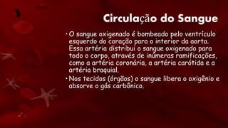 Circulação do Sangue
• O sangue oxigenado é bombeado pelo ventrículo
esquerdo do coração para o interior da aorta.
Essa artéria distribui o sangue oxigenado para
todo o corpo, através de inúmeras ramificações,
como a artéria coronária, a artéria carótida e a
artéria braquial.
• Nos tecidos (órgãos) o sangue libera o oxigênio e
absorve o gás carbônico.
 