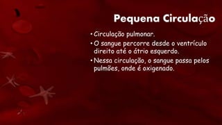 Pequena Circulação
• Circulação pulmonar.
• O sangue percorre desde o ventrículo
direito até o átrio esquerdo.
• Nessa circulação, o sangue passa pelos
pulmões, onde é oxigenado.
 