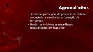 Agranulócitos
• Linfócitos participam do processo de defesa
produzindo, e regulando, a formação de
anticorpos.
• Monócitos originam os macrófagos
especializados em fagocitar.
 