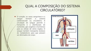 QUAL A COMPOSIÇÃO DO SISTEMA
CIRCULATÓRIO?
 O coração, os vasos sanguíneos e o
sangue formam o sistema
cardiovascular ou circulatório. A
circulação do sangue permite o
transporte e a distribuição de
nutrientes, gás oxigênio e hormônios
para as células de vários órgãos. O
sangue também transporta resíduos
do metabolismo para que possam
ser eliminados do corpo.
 