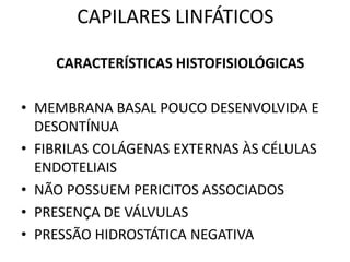 CAPILARES LINFÁTICOS
CARACTERÍSTICAS HISTOFISIOLÓGICAS
• MEMBRANA BASAL POUCO DESENVOLVIDA E
DESONTÍNUA
• FIBRILAS COLÁGENAS EXTERNAS ÀS CÉLULAS
ENDOTELIAIS
• NÃO POSSUEM PERICITOS ASSOCIADOS
• PRESENÇA DE VÁLVULAS
• PRESSÃO HIDROSTÁTICA NEGATIVA
 