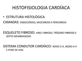 HISTOFISIOLOGIA CARDÍACA
• ESTRUTURA HISTOLÓGICA
CAMADAS: ENDOCÁRDIO, MIOCÁRDIO E PERICÁRDIO
ESQUELETO FIBROSO: ANEL FIBROSO, TRÍGONO FIBROSO E
SEPTO MEMBRANOSO
SISTEMA CONDUTOR CARDÍACO: NODO S-A, NODO A-V
E FEIXE DE HISS
 