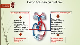 Como fica isso na prática? 
Circulação Sistêmica (VE) 
Assegura a 
distribuição de 
nutrientes e de 
oxigênio a todas as 
células do corpo e 
recebe os produtos 
de excreção. 
O sangue passa 
de arterial a 
venoso 
Circulação Pulmonar (VD) 
Passa pelos 
pulmões, onde se 
dá a hematose 
pulmonar, o 
oxigênio passa 
para o sangue e o 
dióxido de 
carbono passa 
para os pulmões. 
O sangue passa 
de venoso para 
arterial 
Resumo 
 