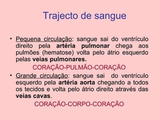 Trajecto de sangue

• Pequena circulação: sangue sai do ventrículo
  direito pela artéria pulmonar chega aos
  pulmões (hematose) volta pelo átrio esquerdo
  pelas veias pulmonares.
         CORAÇÃO-PULMÃO-CORAÇÃO
• Grande circulação: sangue sai do ventrículo
  esquerdo pela artéria aorta chegando a todos
  os tecidos e volta pelo átrio direito através das
  veias cavas.
         CORAÇÃO-CORPO-CORAÇÃO
 