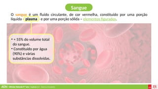 Ciências Naturais 9.º ano | Capítulo 2.4 – Sistema circulatório
• ≈ 55% do volume total
do sangue.
• Constituído por água
(90%) e várias
substâncias dissolvidas.
Sangue
O sangue é um fluido circulante, de cor vermelha, constituído por uma porção
líquida – plasma – e por uma porção sólida – elementos figurados.
plasma
 