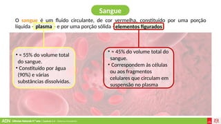 Ciências Naturais 9.º ano | Capítulo 2.4 – Sistema circulatório
O sangue é um fluido circulante, de cor vermelha, constituído por uma porção
líquida – plasma – e por uma porção sólida – elementos figurados.
elementos figurados
• ≈ 45% do volume total do
sangue.
• Correspondem às células
ou aos fragmentos
celulares que circulam em
suspensão no plasma
• ≈ 55% do volume total
do sangue.
• Constituído por água
(90%) e várias
substâncias dissolvidas.
plasma
Sangue
 
