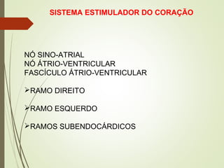 SISTEMA ESTIMULADOR DO CORAÇÃO
NÓ SINO-ATRIAL
NÓ ÁTRIO-VENTRICULAR
FASCÍCULO ÁTRIO-VENTRICULAR
RAMO DIREITO
RAMO ESQUERDO
RAMOS SUBENDOCÁRDICOS
 
