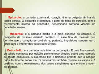 Epicárdio: a camada externa do coração é uma delgada lâmina de
tecido seroso. O epicárdio é contínuo, a partir da base do coração, com o
revestimento interno do pericárdio, denominado camada visceral do
pericárdio seroso.
Miocárdio: é a camada média e a mais espessa do coração. É
composto de músculo estriado cardíaco. É esse tipo de músculo que
permite que o coração se contraia e, portanto, impulsione sangue, ou o
force para o interior dos vasos sangüíneos.
Endocárdio: é a camada mais interna do coração. É uma fina camada
de tecido composto por epitélio pavimentoso simples sobre uma camada
de tecido conjuntivo. A superfície lisa e brilhante permite que o sangue
corra facilmente sobre ela. O endocárdio também reveste as valvas e é
contínuo com o revestimento dos vasos sangüíneos que entram e saem
do coração.
 