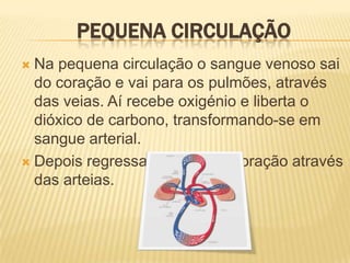 Pequena circulaçãoNa pequena circulação o sangue venososai do coração e vai para os pulmões, através das veias. Aí recebe oxigénio e liberta o dióxico de carbono, transformando-se em sangue arterial.Depois regressa de novo ao coração através das arteias.