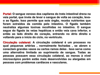 Portal: O sangue venoso dos capilares do trato intestinal drena na
veia portal, que invés de levar o sangue de volta ao coração, leva-
o ao fígado. Isso permite que este órgão, receba nutrientes que
foram extraídos da comida pelo intestino. O fígado também
neutraliza algumas toxinas recolhidas no intestino. O sangue
segue do fígado às veias hepáticas e então veia cava inferior, e
então ao lado direito do coração, entrando no átrio direito e
voltando para o inicio do ciclo, no ventrículo.
Circulação colateral: A circulação colateral é um processo no
qual pequenas artérias , normalmente fechadas , se abrem e
conectam grandes vasos ou certos ramos deles . Isso serve como
uma alternativa limitada ao suprimento de sangue. Todas as
pessoas possuem essa circulação colateral, ao menos à nível
microscópico porém estão mais desenvolvidas ou alargadas em
pessoas com problemas cardíacos e vasculares.
 