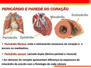 PERICÁRDIO E PAREDE DO CORAÇÃO
                                                         Endocárdio
                                        Miocárdio




Pericárdio Epicárdio

 Pericárdio fibroso: evita o estiramento excessivo do coração e o
ancora no mediastino;

 Pericárdio seroso: camada dupla (lâmina parietal e visceral)

As câmaras do coração apresentam diferença na espessura do
miocárdio de acordo com a fisiologia de cada câmara
 