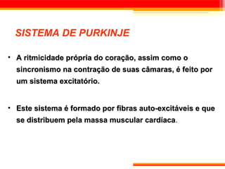SISTEMA DE PURKINJE

• A ritmicidade própria do coração, assim como o
  sincronismo na contração de suas câmaras, é feito por
  um sistema excitatório.


• Este sistema é formado por fibras auto-excitáveis e que
  se distribuem pela massa muscular cardíaca.
                                    cardíaca
 