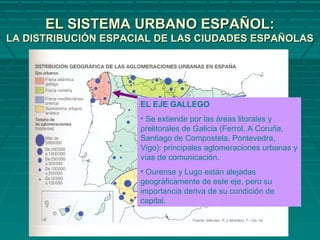 EL SISTEMA URBANO ESPAÑOL:EL SISTEMA URBANO ESPAÑOL:
LA DISTRIBUCIÓN ESPACIAL DE LAS CIUDADES ESPAÑOLASLA DISTRIBUCIÓN ESPACIAL DE LAS CIUDADES ESPAÑOLAS
EL EJE GALLEGO
• Se extiende por las áreas litorales y
prelitorales de Galicia (Ferrol, A Coruña,
Santiago de Compostela, Pontevedra,
Vigo): principales aglomeraciones urbanas y
vías de comunicación.
• Ourense y Lugo están alejadas
geográficamente de este eje, pero su
importancia deriva de su condición de
capital.
 