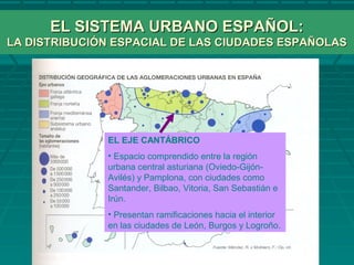 EL SISTEMA URBANO ESPAÑOL:EL SISTEMA URBANO ESPAÑOL:
LA DISTRIBUCIÓN ESPACIAL DE LAS CIUDADES ESPAÑOLASLA DISTRIBUCIÓN ESPACIAL DE LAS CIUDADES ESPAÑOLAS
EL EJE CANTÁBRICO
• Espacio comprendido entre la región
urbana central asturiana (Oviedo-Gijón-
Avilés) y Pamplona, con ciudades como
Santander, Bilbao, Vitoria, San Sebastián e
Irún.
• Presentan ramificaciones hacia el interior
en las ciudades de León, Burgos y Logroño.
 