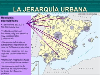 LA JERARQUÍA URBANALA JERARQUÍA URBANA
Metrópolis
subregionales
• Tienen entre 250.000 y
500.000 habitantes.
• Todavía cuentan con
funciones y algunos servicios
muy especializados
(Universidad).
• Su área de influencia es
subregional o regional en el
caso de CCAA uniprovinciales.
• Intensas relaciones con las
capitales provinciales de su
región.
• Mantienen importantes flujos
con las metrópolis nacionales.
• Actúan como centros de
servicios de sus provincias y
de áreas de influencia
próximas.
 