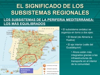 EL SIGNIFICADO DE LOSEL SIGNIFICADO DE LOS
SUBSISTEMAS REGIONALESSUBSISTEMAS REGIONALES
LOS SUBSISTEMAS DE LA PERIFERIA MEDITERRÁNEA:
LOS MÁS EQUILIBRADOS
Subsistema
andaluz
• El subsistema andaluz se
organiza en torno a dos ejes:
• El litoral (de Almería a
Huelva)
• El eje interior (valle del
Guadalquivir)
• Ahora están más
integrados gracias a las
infraestructuras de
transporte en el interior
de la comunidad.
 