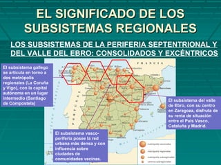 EL SIGNIFICADO DE LOSEL SIGNIFICADO DE LOS
SUBSISTEMAS REGIONALESSUBSISTEMAS REGIONALES
LOS SUBSISTEMAS DE LA PERIFERIA SEPTENTRIONAL Y
DEL VALLE DEL EBRO: CONSOLIDADOS Y EXCÉNTRICOS
El subsistema vasco-
periferia posee la red
urbana más densa y con
influencia sobre
ciudades de
comunidades vecinas.
El subsistema gallego
se articula en torno a
dos metrópolis
regionales (La Coruña
y Vigo), con la capital
autónoma en un lugar
intermedio (Santiago
de Compostela)
El subsistema del valle
de Ebro, con su centro
en Zaragoza, disfruta de
su renta de situación
entre el País Vasco,
Cataluña y Madrid.
 