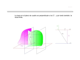 La traza en el plano de cuadro es perpendicular a la LT. y por tanto también, la
recta límite.
Plano perpendicular al plano geometral y oblicuo al plano de cuadro
 