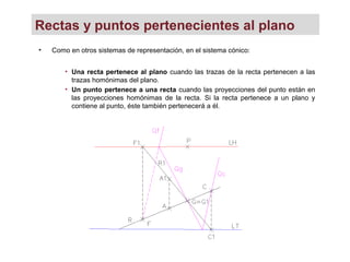 Rectas y puntos pertenecientes al plano
• Como en otros sistemas de representación, en el sistema cónico:
• Una recta pertenece al plano cuando las trazas de la recta pertenecen a las
trazas homónimas del plano.
• Un punto pertenece a una recta cuando las proyecciones del punto están en
las proyecciones homónimas de la recta. Si la recta pertenece a un plano y
contiene al punto, éste también pertenecerá a él.
 