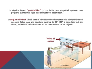 Los objetos tienen “profundidad” y por tanto, una magnitud aparece más
pequeña cuanto más lejos esté el objeto del observador.
El ángulo de visión válido para la percepción de los objetos está comprendido en
un cono óptico con una apertura máxima de 60° (30° a cada lado del eje
visual) para evitar deformaciones en las perspectivas de los objetos.
Plano de
cuadro
Imagen de “www.wikiaulavisio.wikispaces.com”
 