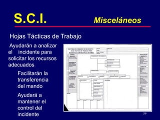 59
S.C.I. Misceláneos
Hojas Tácticas de Trabajo
Facilitarán la
transferencia
del mando
Ayudará a
mantener el
control del
incidente
Ayudarán a analizar
el incidente para
solicitar los recursos
adecuados
 