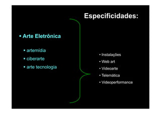 Especificidades:Especificidades:
Arte Eletrônica
artemídia
ib
• Instalações
ciberarte
arte tecnologia
• Web art
• Videoarte
• Telemática
• VideoperformanceVideoperformance
 