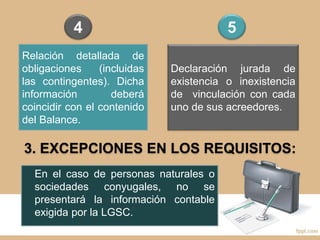 Relación detallada de
obligaciones (incluidas
las contingentes). Dicha
información deberá
coincidir con el contenido
del Balance.
Declaración jurada de
existencia o inexistencia
de vinculación con cada
uno de sus acreedores.
4 5
En el caso de personas naturales o
sociedades conyugales, no se
presentará la información contable
exigida por la LGSC.
3. EXCEPCIONES EN LOS REQUISITOS:
 