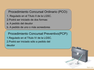 Procedimiento Concursal Ordinario (PCO):
1. Regulado en el Título II de la LGSC.
2.Podrá ser iniciado de dos formas:
a. A pedido del deudor
b. A pedido de uno o más acreedores
Procedimiento Concursal Preventivo(PCP):
1.Regulado en el Título IV de la LGSC.
2.Podrá ser iniciado sólo a pedido del
deudor
 