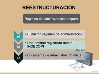 REESTRUCTURACIÓN
Régimen de administración temporal
a)
• El mismo régimen de administración
b)
• Una entidad registrada ante el
INDECOPI
c)
• Un sistema de administración mixta
 