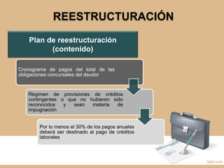 REESTRUCTURACIÓN
Cronograma de pagos del total de las
obligaciones concursales del deudor
Régimen de provisiones de créditos
contingentes o que no hubieren sido
reconocidos y sean materia de
impugnación
Por lo menos el 30% de los pagos anuales
deberá ser destinado al pago de créditos
laborales
Plan de reestructuración
(contenido)
 