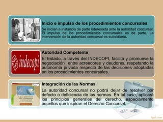 Inicio e impulso de los procedimientos concursales
Se inician a instancia de parte interesada ante la autoridad concursal.
El impulso de los procedimientos concursales es de parte. La
intervención de la autoridad concursal es subsidiaria.
Autoridad Competente
El Estado, a través del INDECOPI, facilita y promueve la
negociación entre acreedores y deudores, respetando la
autonomía privada respecto de las decisiones adoptadas
en los procedimientos concursales.
Integración de las Normas
La autoridad concursal no podrá dejar de resolver por
defecto o deficiencia de las normas. En tal caso, aplicará
los principios generales del derecho, especialmente
aquellos que inspiran el Derecho Concursal.
 