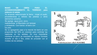 MANO DE OBRA PARA EL
ACONDICIONAMIENTO EL TERRENO para
elaborar el adobe
Ya teniendo seleccionado la tierra : mojar el suelo,
procediéndose a retirara las piedras y otros
elementos extraños.
Se agrega agua poco poco,
realizándose el Mezclado con lampas
y amasando Con fuerza el barro con
los pies.
Se va agregando paja a la mezcla de barro en una
proporción del 20% en volumen para controlar las
rajaduras en los adobes. Es muy importante
mantener el barro ya mezclado en reposo húmedo
durante un día o dos, antes de proceder con el
moldeo de los adobes.
 