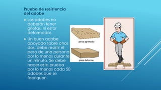 Prueba de resistencia
del adobe
 Los adobes no
deberán tener
grietas, ni estar
deformados.
 Un buen adobe
apoyado sobre otros
dos, debe resistir el
peso de una persona
por lo menos durante
un minuto. Se debe
hacer esta prueba
por lo menos cada 50
adobes que se
fabriquen.
 