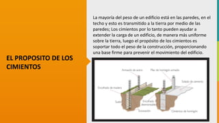 GC-F-004 V.01
EL PROPOSITO DE LOS
CIMIENTOS
La mayoría del peso de un edificio está en las paredes, en el
techo y esto es transmitido a la tierra por medio de las
paredes; Los cimientos por lo tanto pueden ayudar a
extender la carga de un edificio, de manera más uniforme
sobre la tierra, luego el propósito de los cimientos es
soportar todo el peso de la construcción, proporcionando
una base firme para prevenir el movimiento del edificio.
 