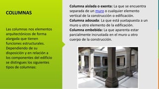 GC-F-004 V.01
COLUMNAS
Las columnas nos elementos
arquitectónicos de forma
alargada que tienen
funciones estructurales.
Dependiendo de su
disposición y en relación a
los componentes del edificio
se distingues los siguientes
tipos de columnas:
Columna aislada o exenta: La que se encuentra
separada de un muro o cualquier elemento
vertical de la construcción o edificación.
Columna adosada: La que está yuxtapuesta a un
muro u otro elemento de la edificación.
Columna embebida: La que aparenta estar
parcialmente incrustada en el muro u otro
cuerpo de la construcción.
 