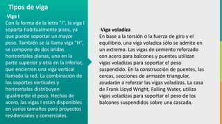 GC-F-004 V.01
·Viga I
Con la forma de la letra "I", la viga I
soporta habitualmente pisos, ya
que puede soportar un mayor
peso. También se la llama viga "H",
se compone de dos bridas
horizontales planas, una en la
parte superior y otra en la inferior,
que encierran una viga vertical
llamada la red. La combinación de
los soportes verticales y
horizontales distribuyen
igualmente el peso. Hechas de
acero, las vigas I están disponibles
en varios tamaños para proyectos
residenciales y comerciales.
Tipos de viga
·Viga voladiza
En base a la torsión o la fuerza de giro y el
equilibrio, una viga voladiza sólo se admite en
un extremo. Las vigas de cemento reforzado
con acero para balcones y puentes utilizan
vigas voladizas para soportar el peso
suspendido. En la construcción de puentes, las
cercas, secciones de armazón triangular,
ayudarán a reforzar las vigas voladizas. La casa
de Frank Lloyd Wright, Falling Water, utiliza
vigas voladizas para soportar el peso de los
balcones suspendidos sobre una cascada.
 